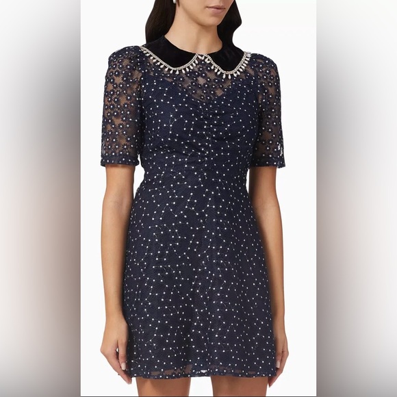 SANDRO Lucianita Floral-embroidered Mini Dress In Navy Blue - Picture 1 of 7